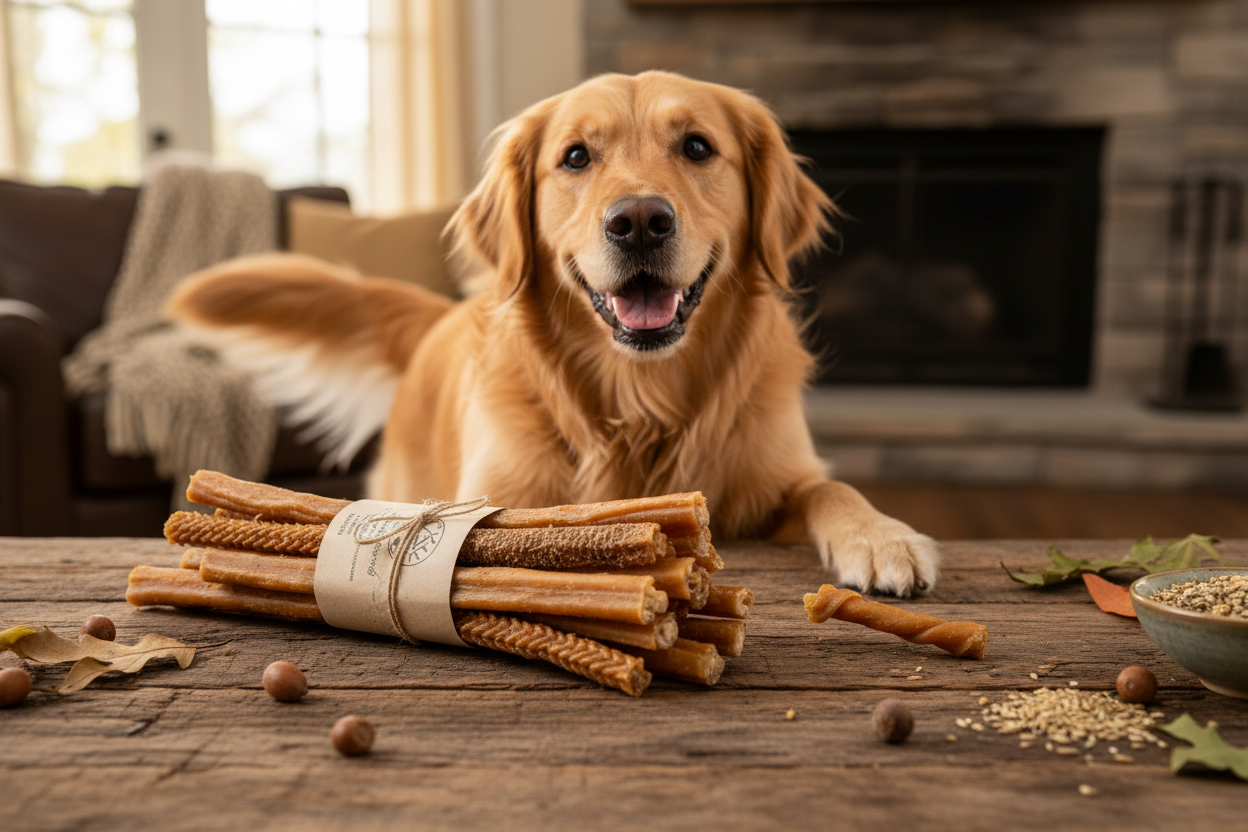 Excited dog reaching for a dental chew stick on a wooden surface