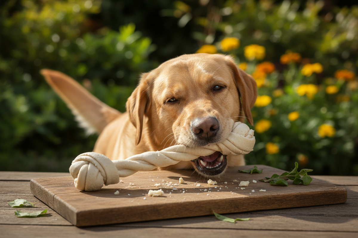 Happy Labrador chewing a rawhide-free dental bone in a garden