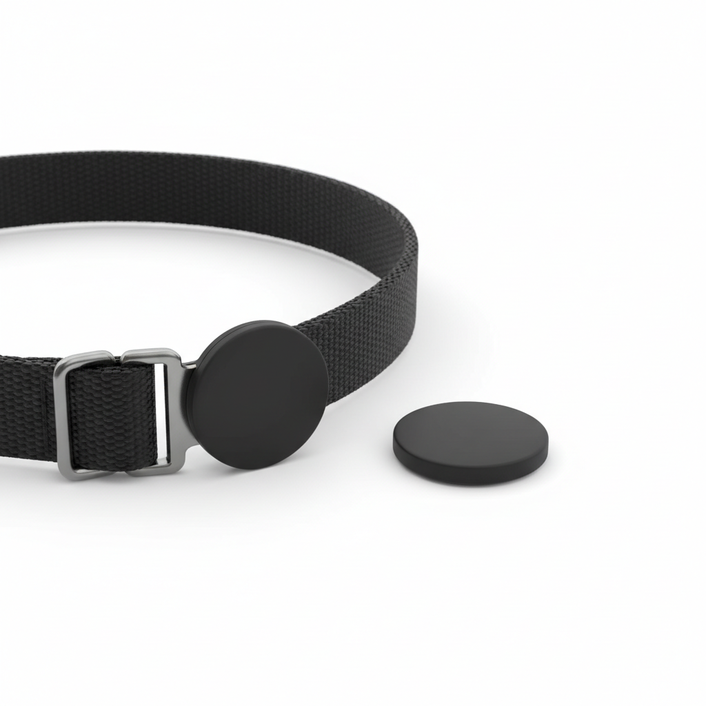 Ultra compact GPS pet tracker, coin-sized, attached to a pet collar