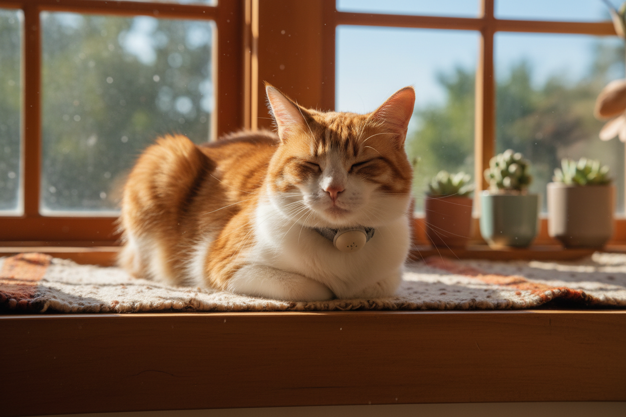 Relaxed cat wearing a calming pheromone collar on a sunny windowsill
