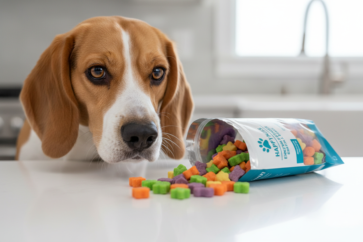 Beagle eagerly sniffing colorful enzymatic dental treat bites