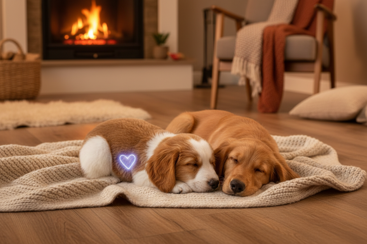 Puppy sleeping calmly next to a soft heartbeat plush toy