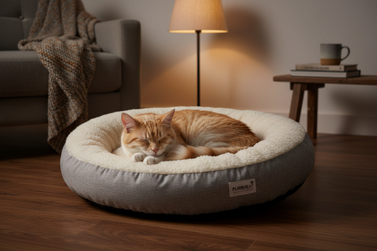 Fluffy tabby cat sleeping peacefully in a self-warming round cuddle bed
