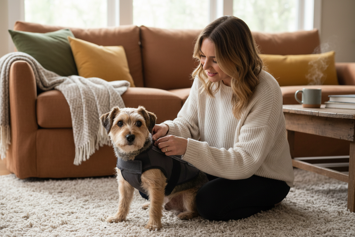 Owner gently wrapping a dog in a calming anxiety vest at home