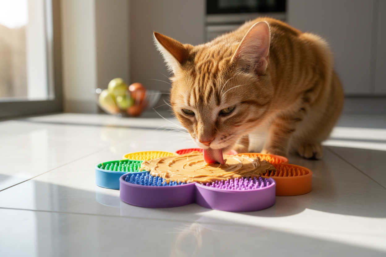 Cat happily licking a silicone licki mat on a kitchen floor