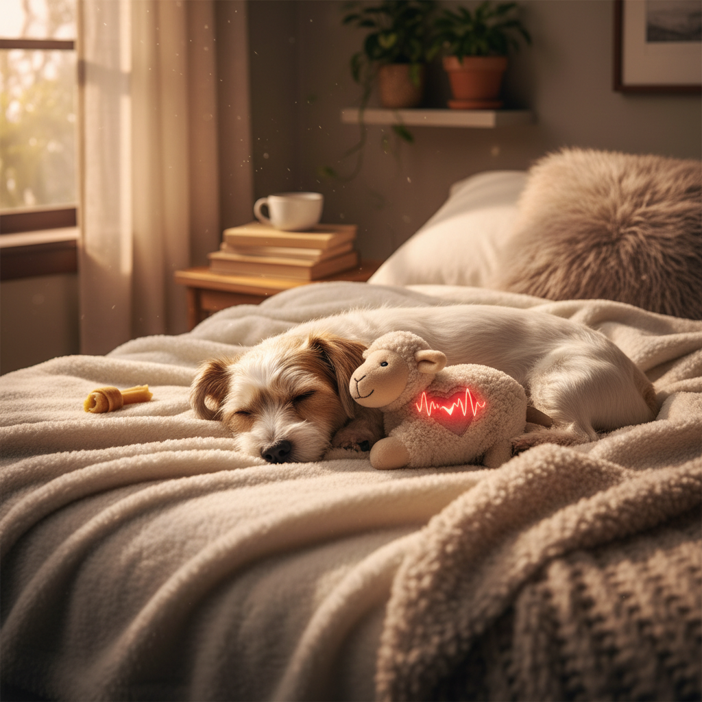 Dog sleeping peacefully with Heartbeat Dog Toy
