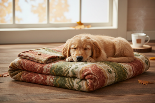 Golden retriever puppy curled up on a cozy snuggle blanket with scent pocket