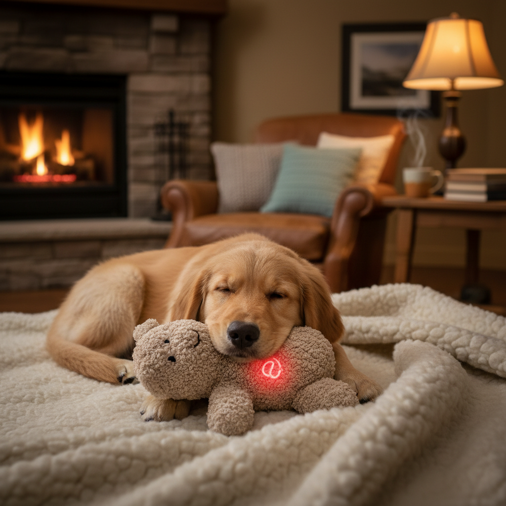 Dog cuddling with Heartbeat Dog Toy